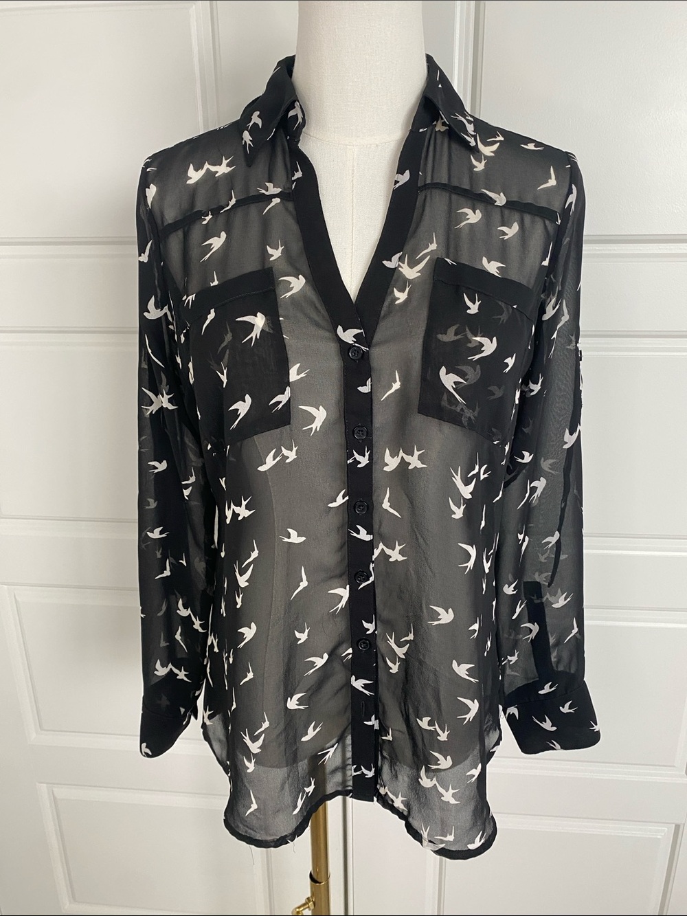 Express Portofino Shirt Small Black White Swallow Bird Print Sheer Blouse